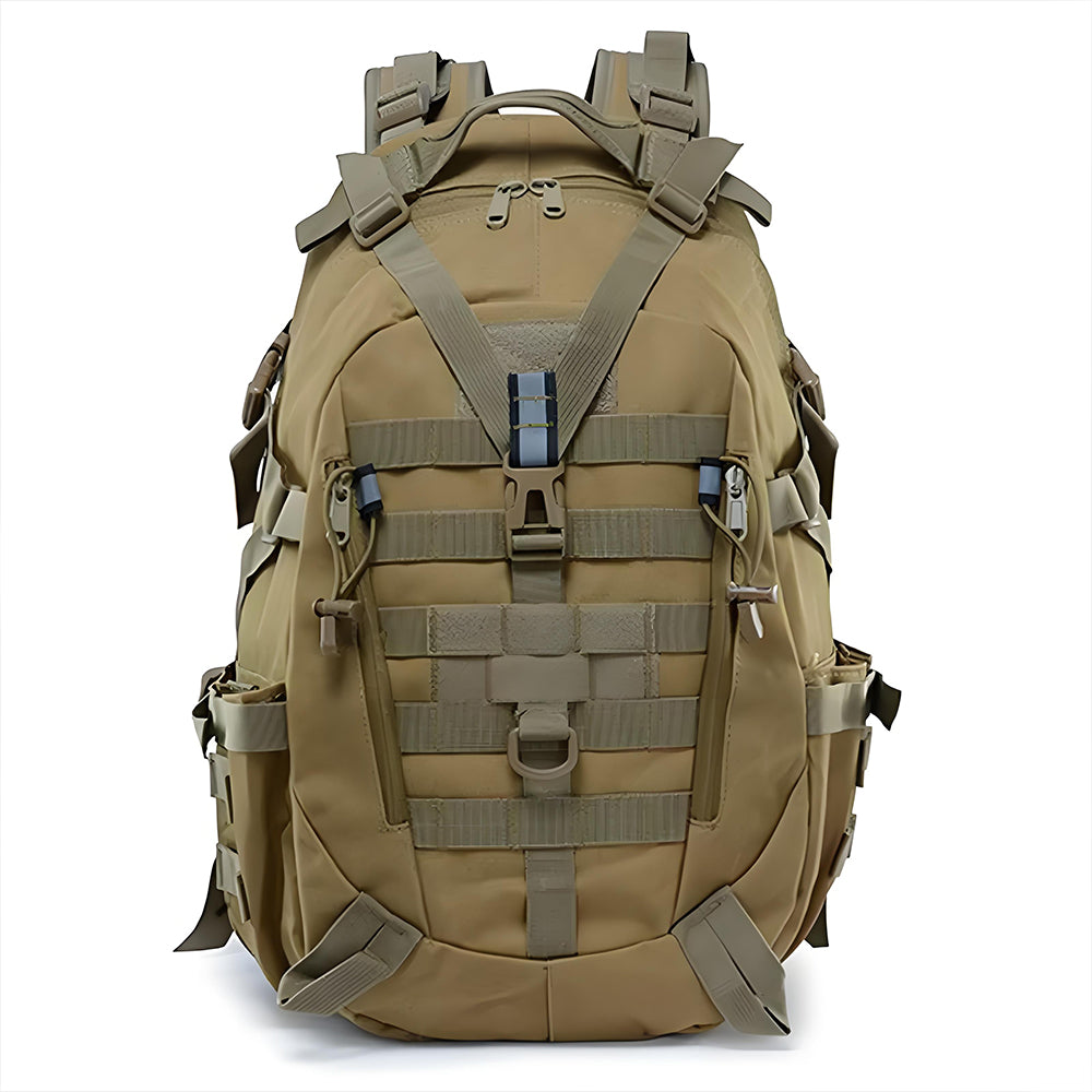 40L tactical hiking rucksack with water-repellent material and adjustable straps for outdoor activities.