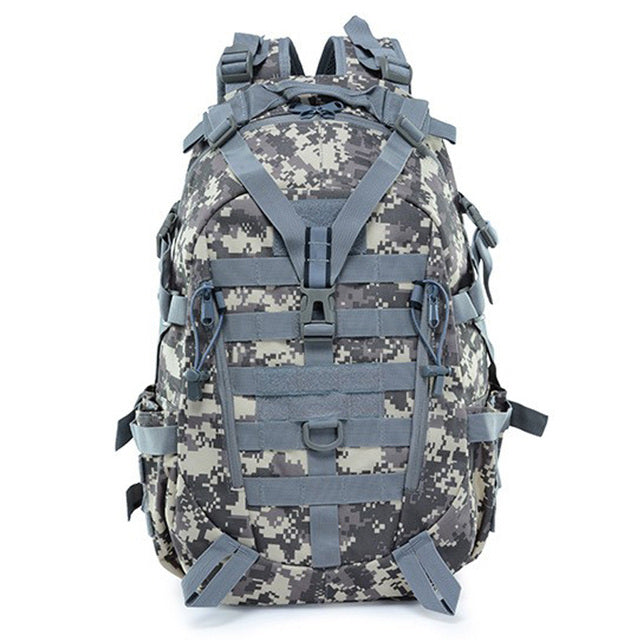 40L tactical hiking rucksack with water-repellent material and adjustable straps for outdoor activities.