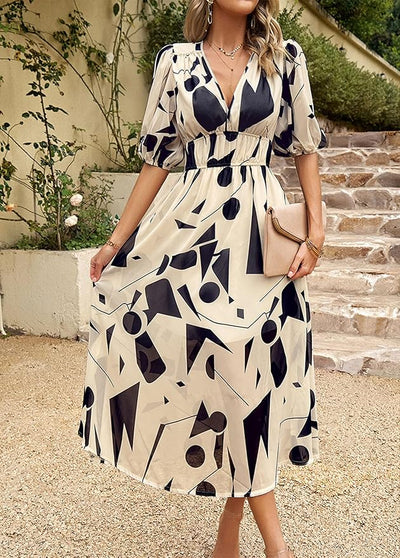 Printed Puff Sleeve Women's Maxi Dress