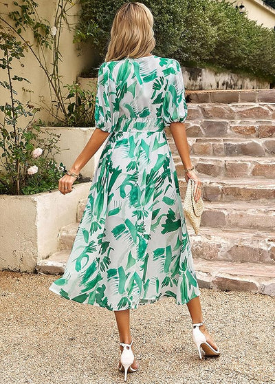 Printed Puff Sleeve Women's Maxi Dress