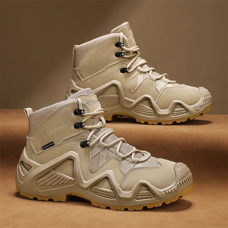 Tactical waterproof hiking boots for men with non-slip soles.