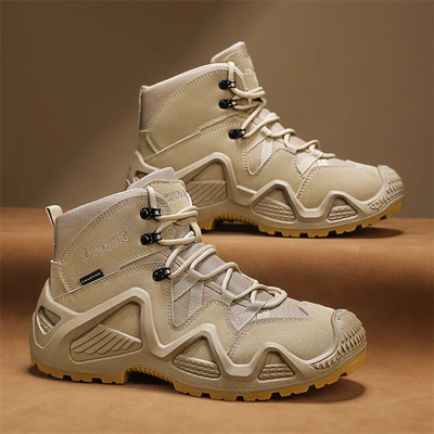 Tactical waterproof hiking boots for men with non-slip soles.