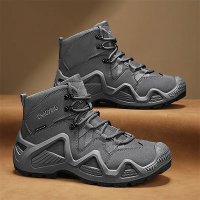 Tactical waterproof hiking boots for men with non-slip soles.