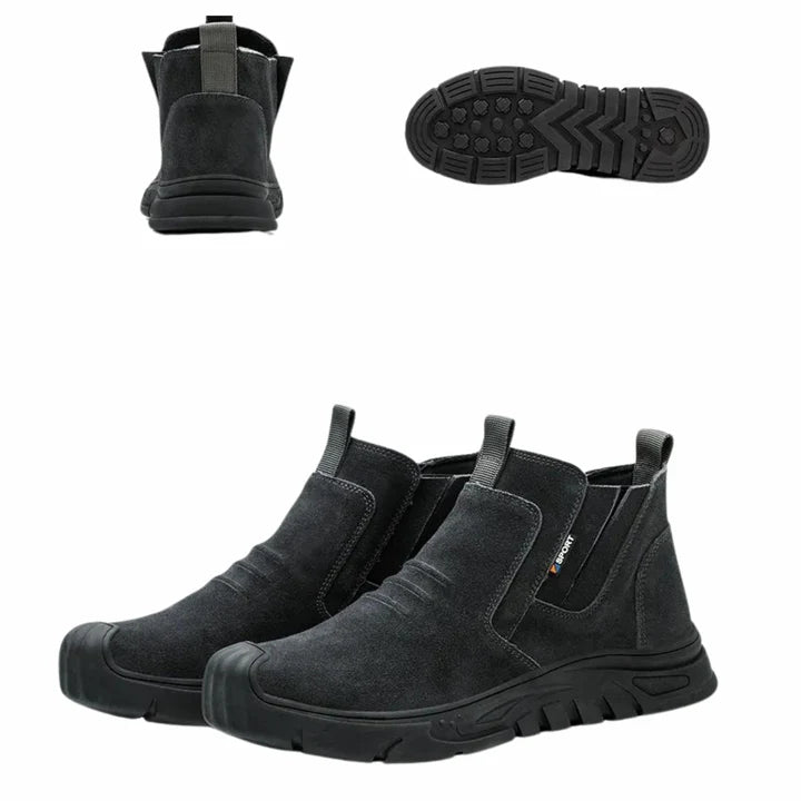 Work shoes with steel toe caps, non-slip soles and durable protection for safety in the workplace.