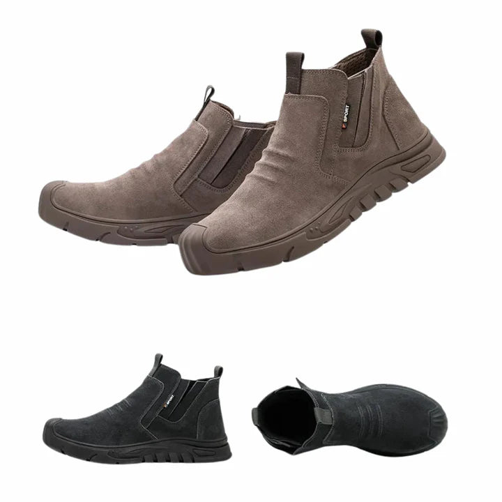 Work shoes with steel toe caps, non-slip soles and durable protection for safety in the workplace.