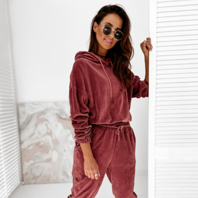 Velvet Hoodie Tracksuit Set Women