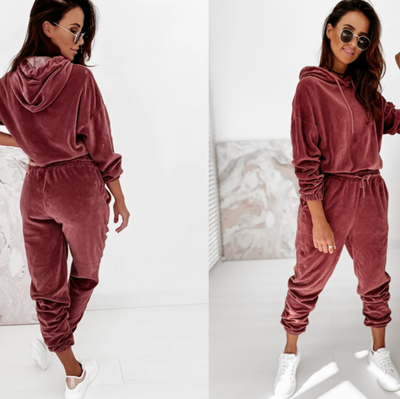 Velvet Hoodie Tracksuit Set Women