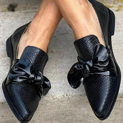 Black Textured Women's Loafers with Bow