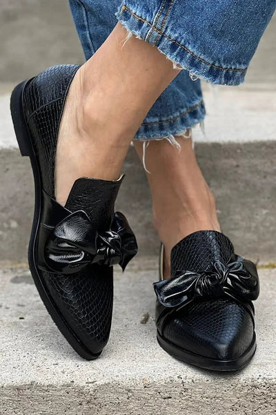 Black Textured Women's Loafers with Bow