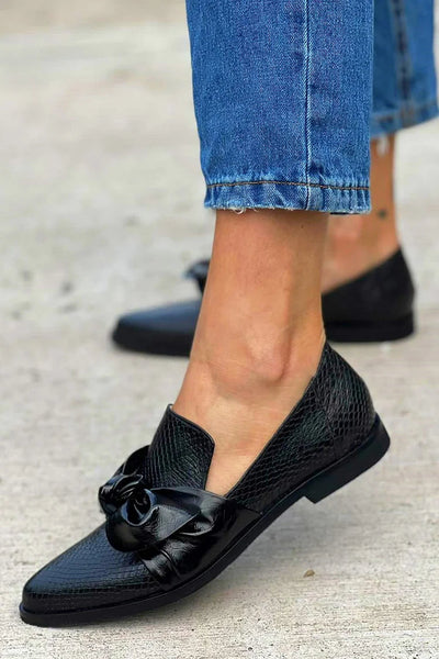 Black Textured Women's Loafers with Bow