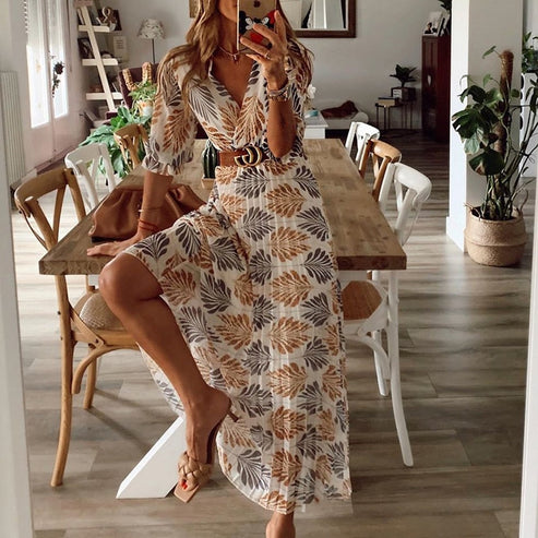 Printed V-Neck Maxi Dress Women