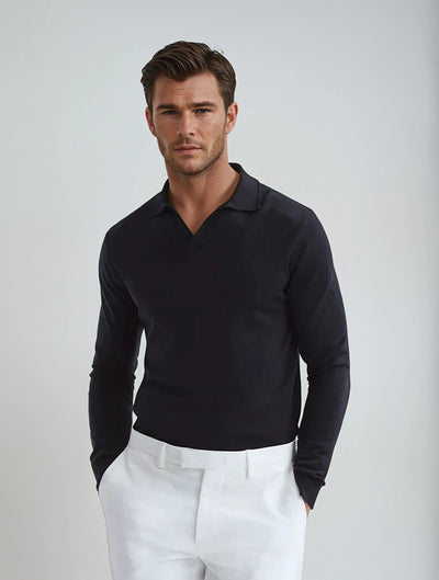 Black V-Neck Long Sleeve Polo