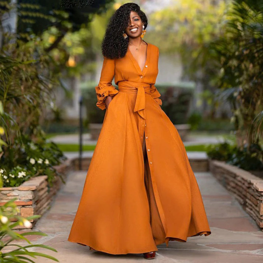 Long Sleeve Belted Maxi Dress Women