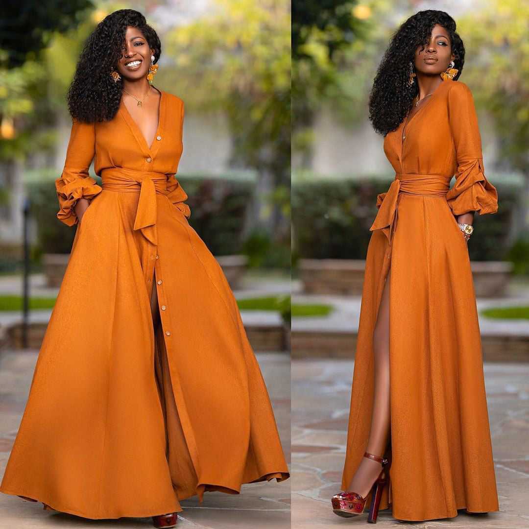 Long Sleeve Belted Maxi Dress Women