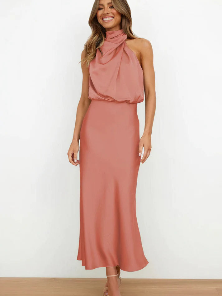 Satin Halter Wedding Guest Dress Women