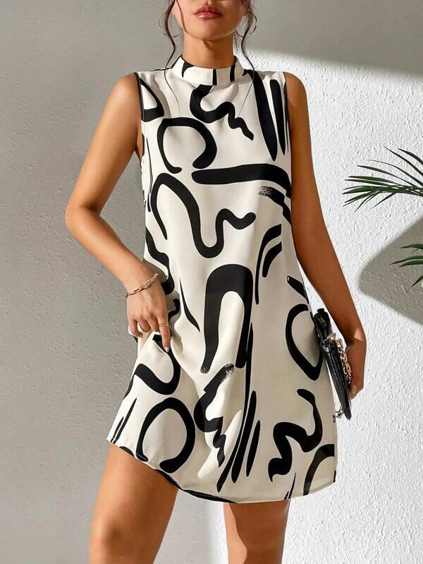 Stand Collar Printed Mini Dress Women