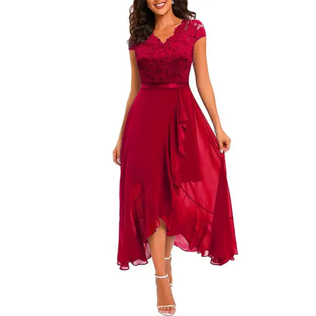 Lace Ruffle Formal Midi Dress Women