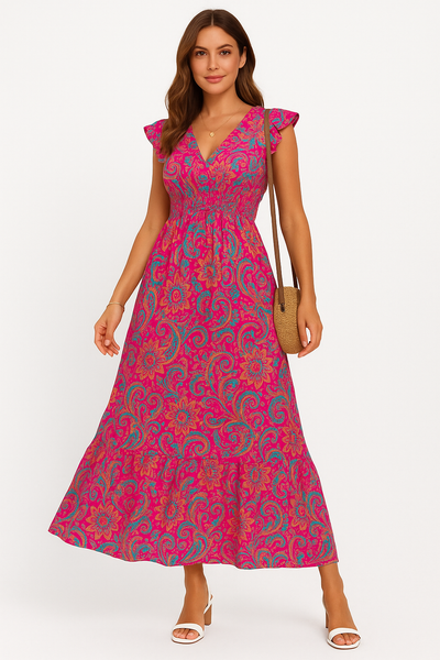 V-Neck Floral Print Maxi Dress Women