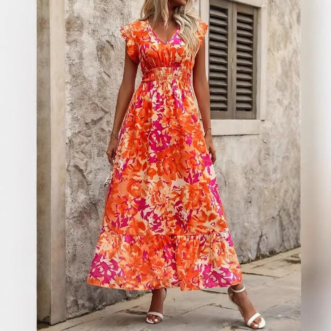 V-Neck Floral Print Maxi Dress Women