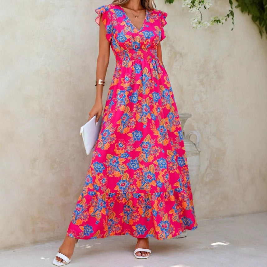 V-Neck Floral Print Maxi Dress Women