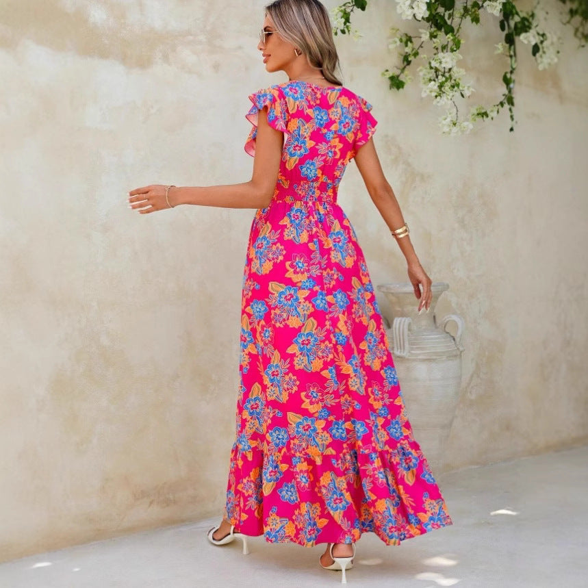 V-Neck Floral Print Maxi Dress Women