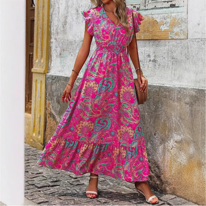 V-Neck Floral Print Maxi Dress Women