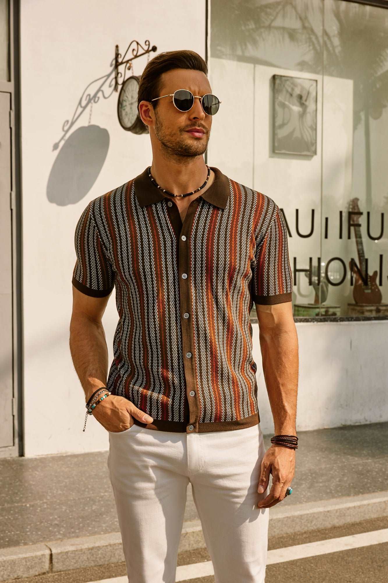 Retro Striped Button-Down Polo Shirt