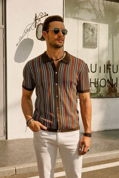 Retro Striped Button-Down Polo Shirt