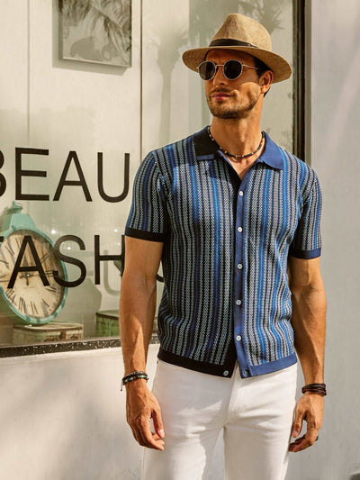 Retro Striped Button-Down Polo Shirt