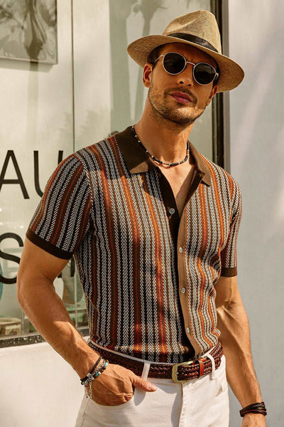 Retro Striped Button-Down Polo Shirt