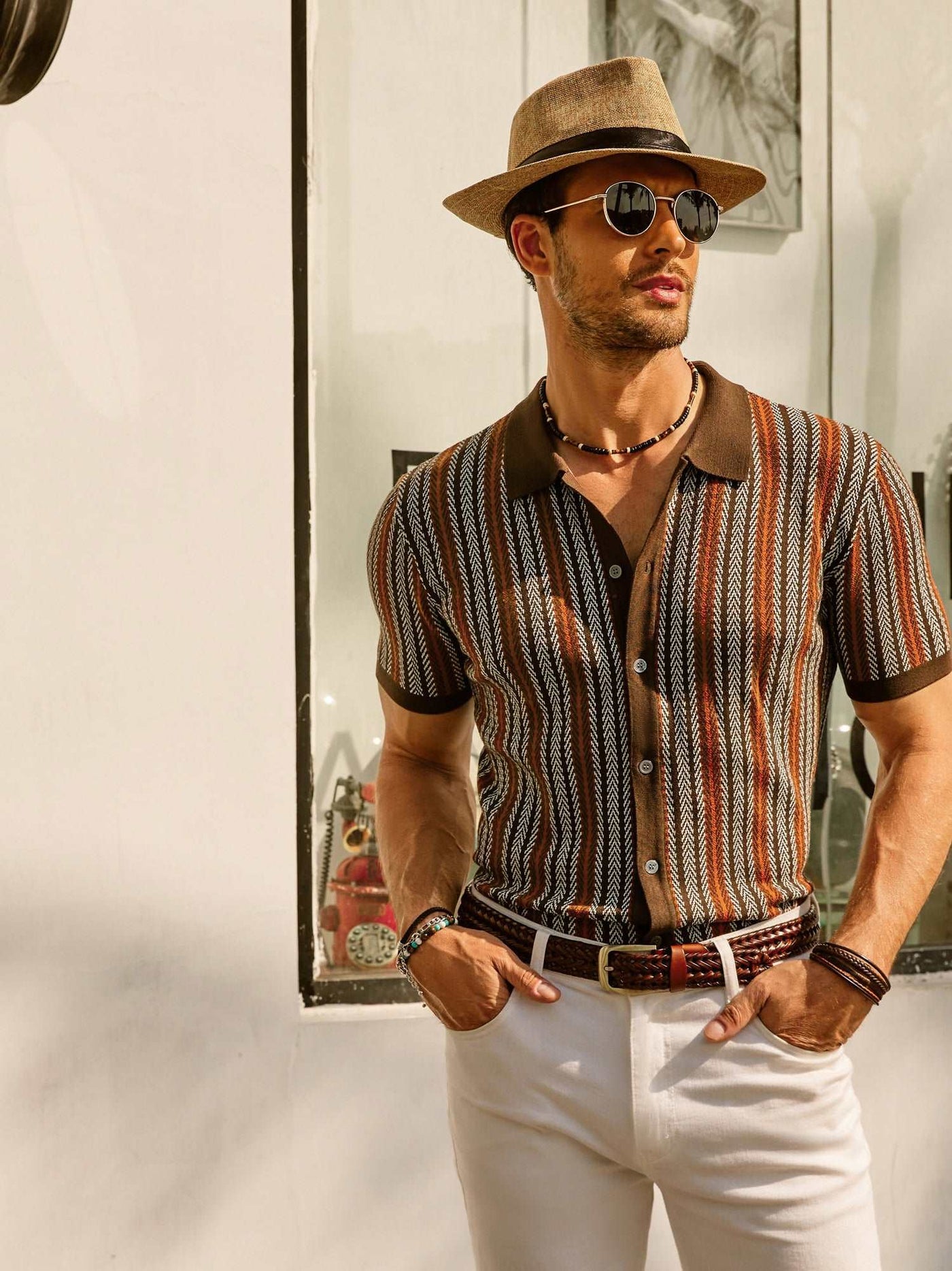 Retro Striped Button-Down Polo Shirt