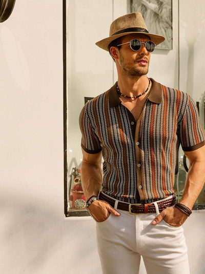 Retro Striped Button-Down Polo Shirt