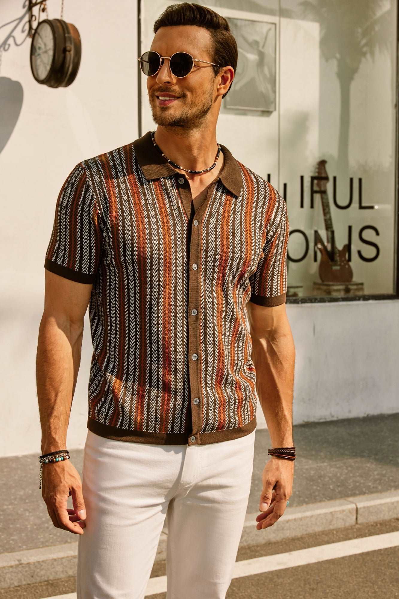 Retro Striped Button-Down Polo Shirt