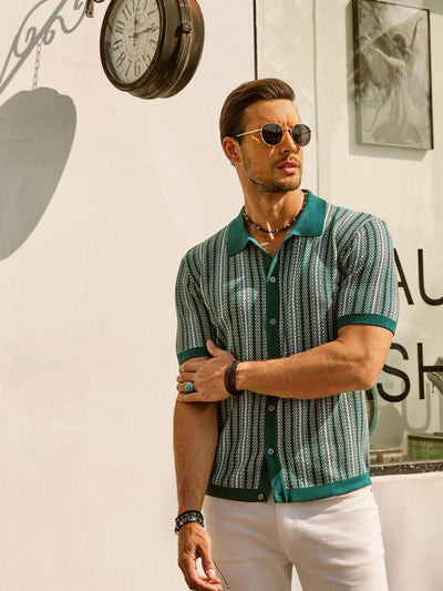 Retro Striped Button-Down Polo Shirt