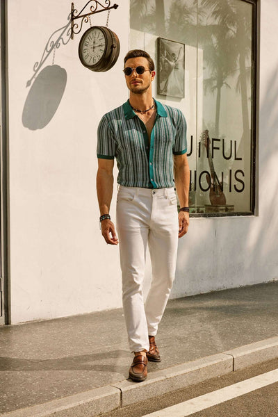 Retro Striped Button-Down Polo Shirt