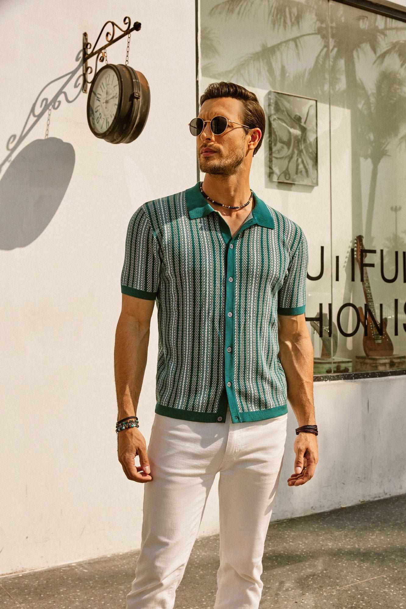 Retro Striped Button-Down Polo Shirt