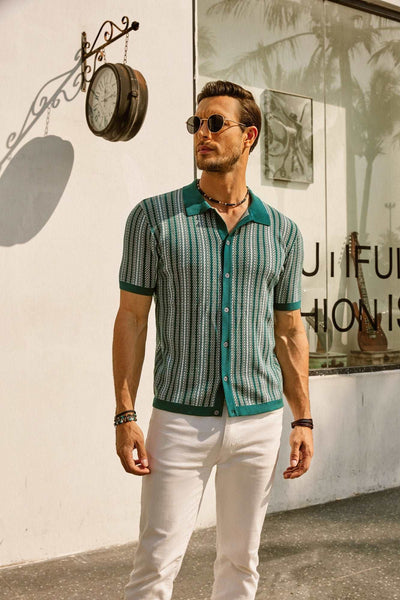 Retro Striped Button-Down Polo Shirt