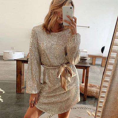 Belted Sequin Mini Dress Women
