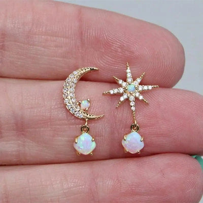 Gold Opal Moon Star Earrings