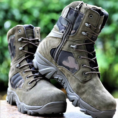 Tactical combat boots with insulation, waterproof design and robust grip for outdoor activities.