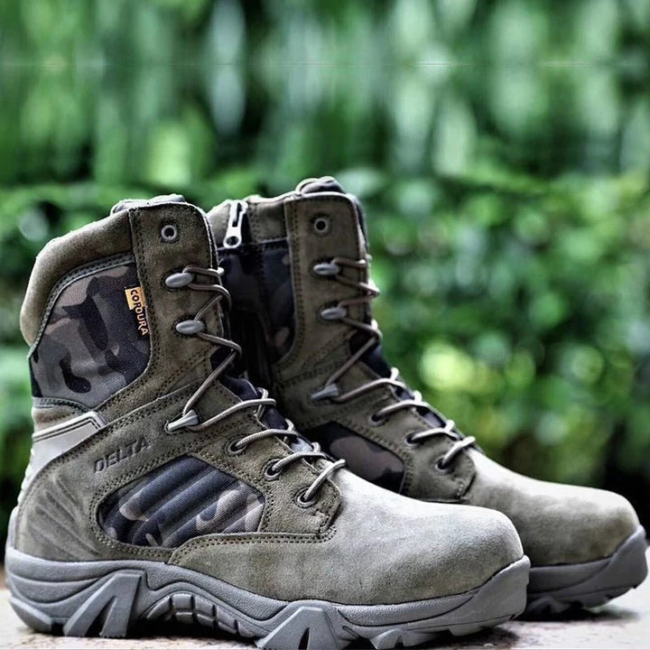 Tactical combat boots with insulation, waterproof design and robust grip for outdoor activities.