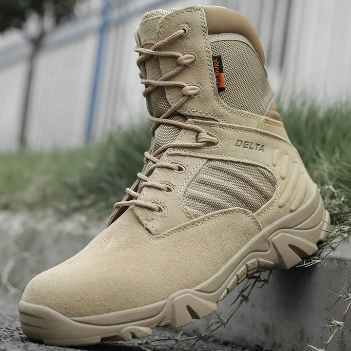 Tactical combat boots with insulation, waterproof design and robust grip for outdoor activities.