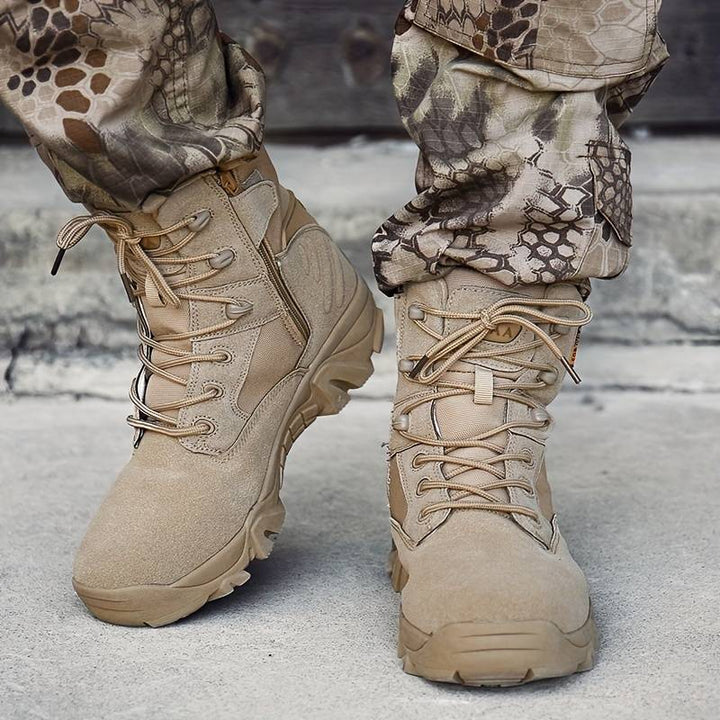 Tactical combat boots with insulation, waterproof design and robust grip for outdoor activities.