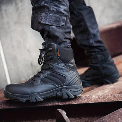 Tactical combat boots with insulation, waterproof design and robust grip for outdoor activities.