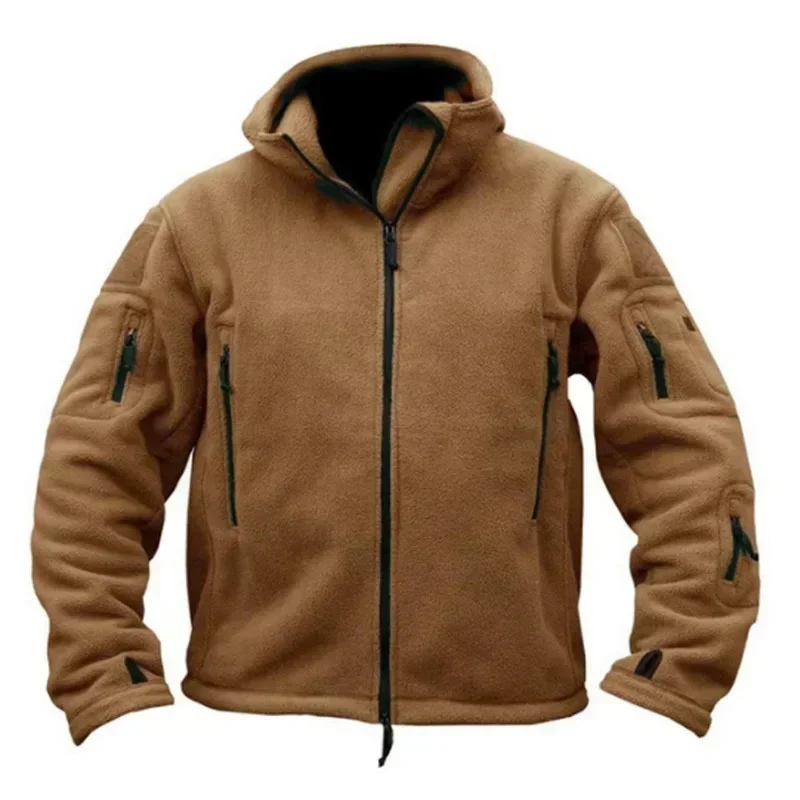 Warm tactical winter fleece jacket for men with adjustable hood and multiple pockets.