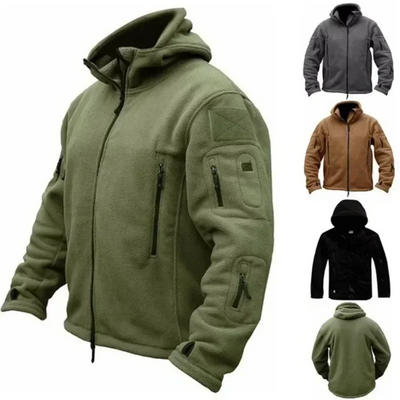Warm tactical winter fleece jacket for men with adjustable hood and multiple pockets.