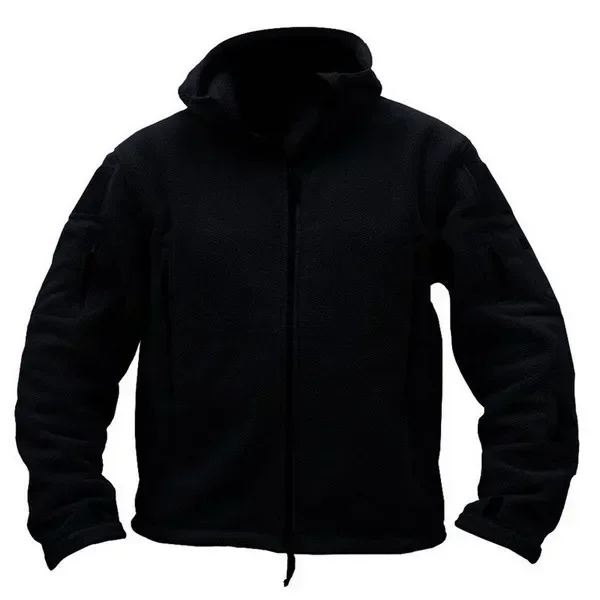 Warm tactical winter fleece jacket for men with adjustable hood and multiple pockets.