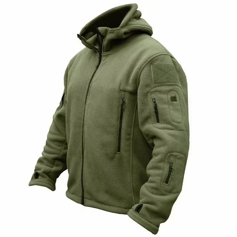 Warm tactical winter fleece jacket for men with adjustable hood and multiple pockets.