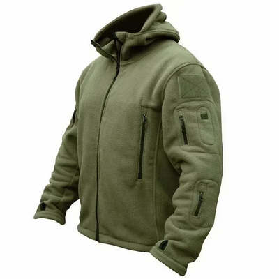 Warm tactical winter fleece jacket for men with adjustable hood and multiple pockets.