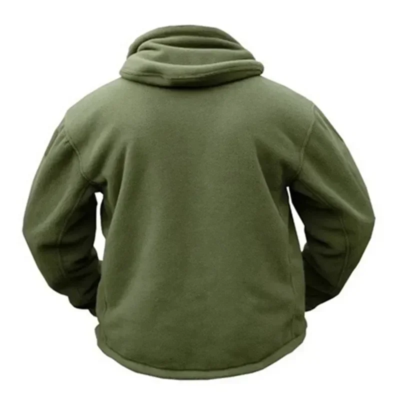 Warm tactical winter fleece jacket for men with adjustable hood and multiple pockets.